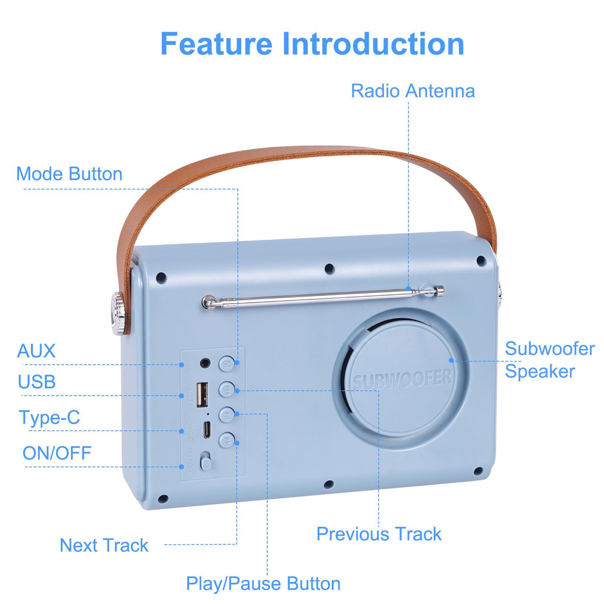 adoobox radio battery life 2500mAh is pictured to emphasize long playback between charges.