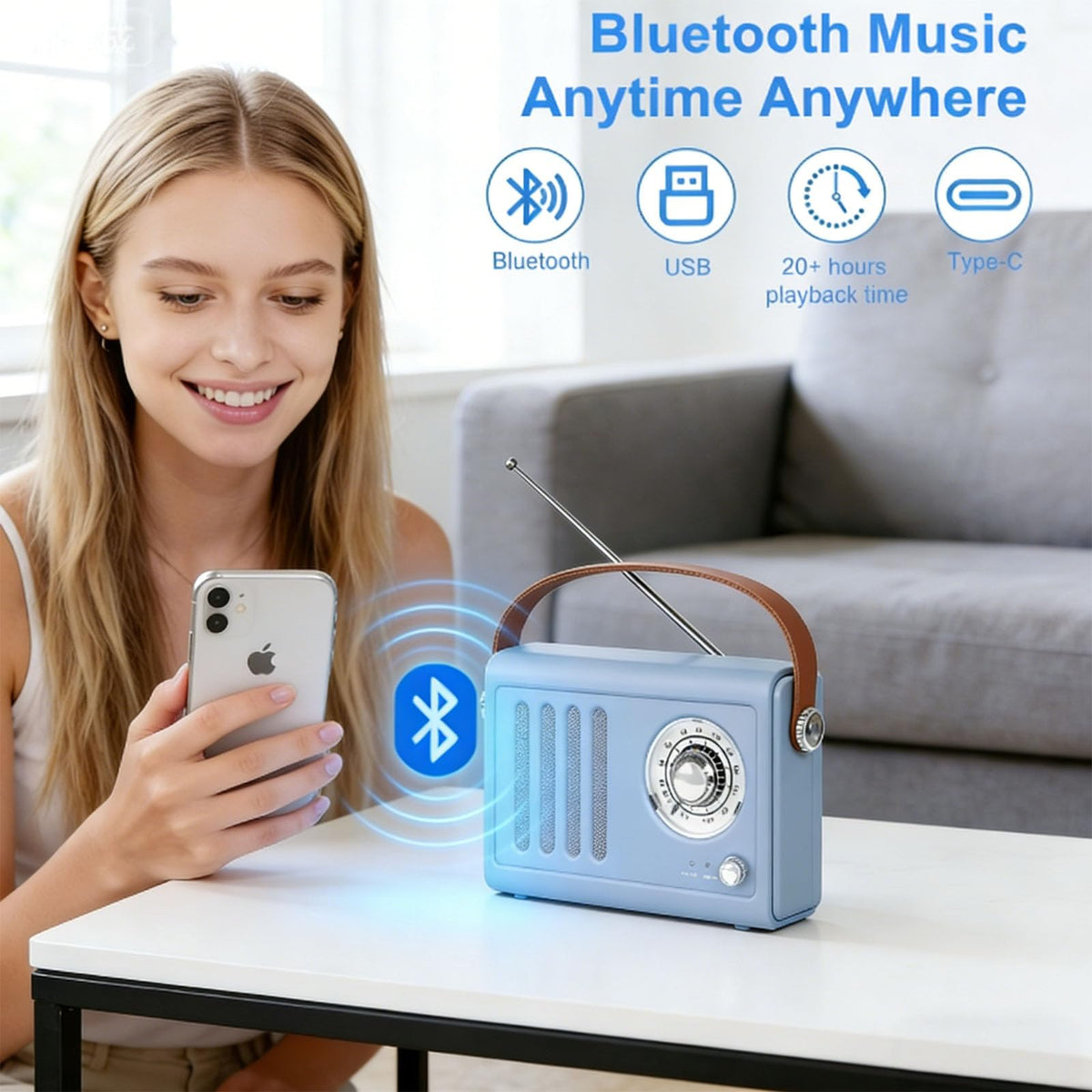 adoobox retro FM/Bluetooth panel demonstrates dual playback options for versatile listening.