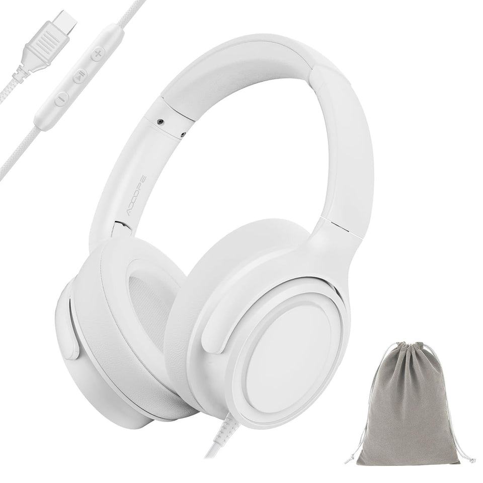 ADOOPE front view of white headphones showing shape and brand, highlighting sleek design