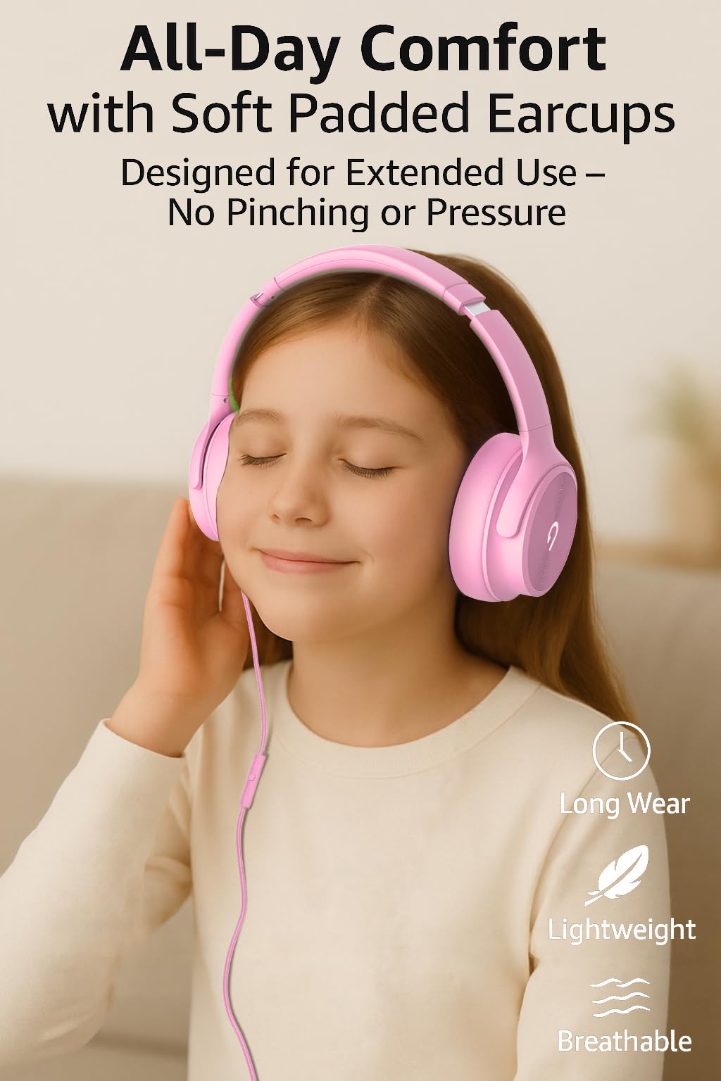 ADOOPE USB-C headphones pink earcups close-up, comfortable fit for long sessions