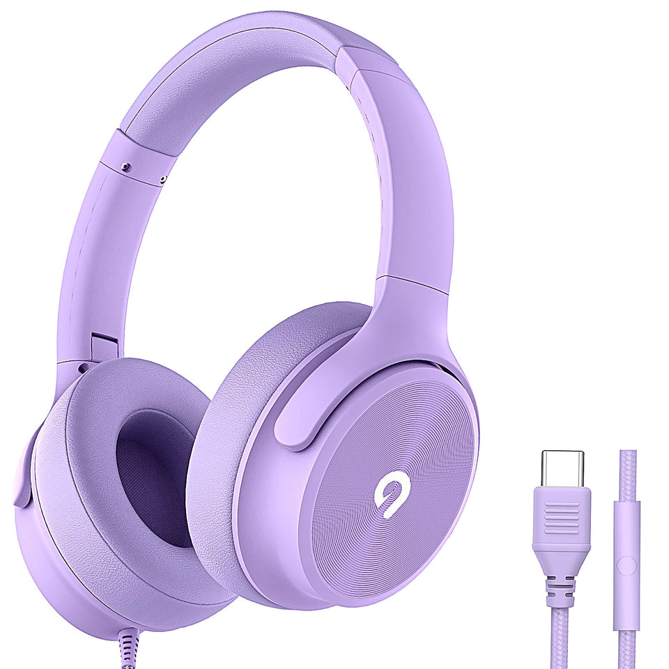 ADOOPE USB-C wired over-ear headphones purple close-up for immersive Hi-Fi audio on the move