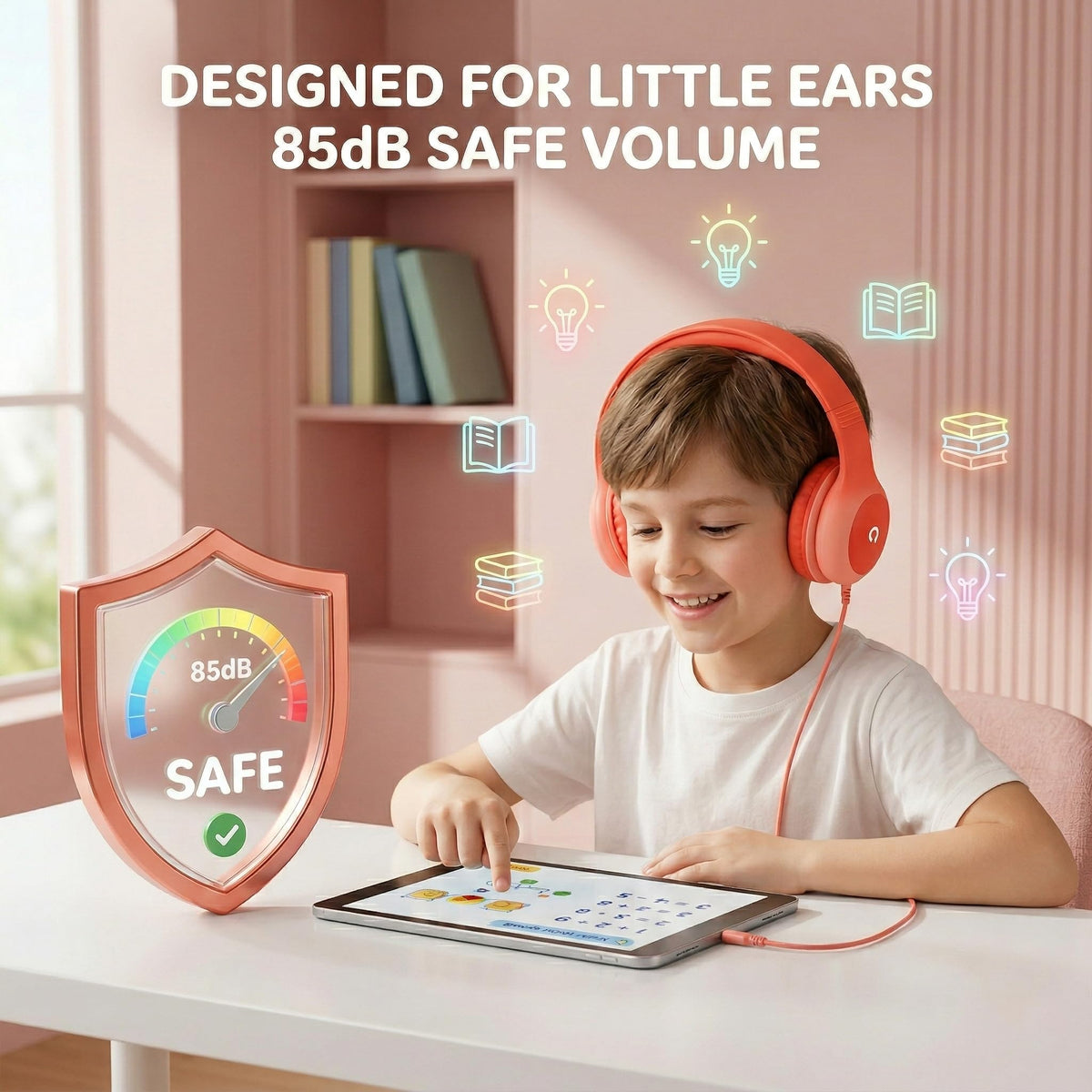 ADOOPE kids headphones with adjustable headband in soft peach for growing kids