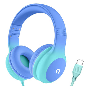 ADOOPE wired kids headphones front view in sky blue and mint green for safe listening