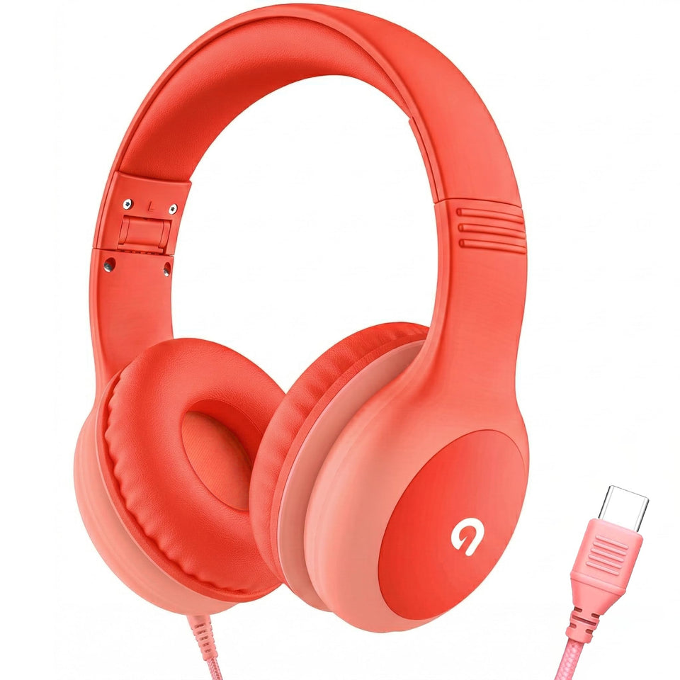 ADOOPE wired kids headphones with USB-C in coral red for safe listening on trips