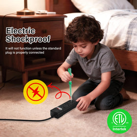 Adoreen 45-degree flat plug minimizes obstruction behind furniture.