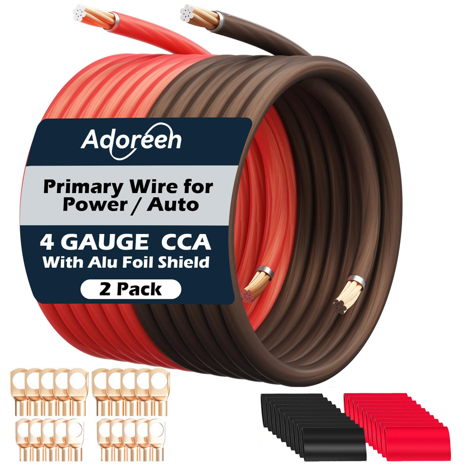 Adoreen front packaging showing complete 4 AWG wiring kit and accessories for quick install