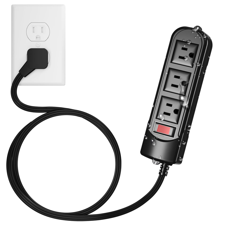 Adoreen outdoor power strip 6ft shown in rugged outdoor setup for reliable garden lighting.