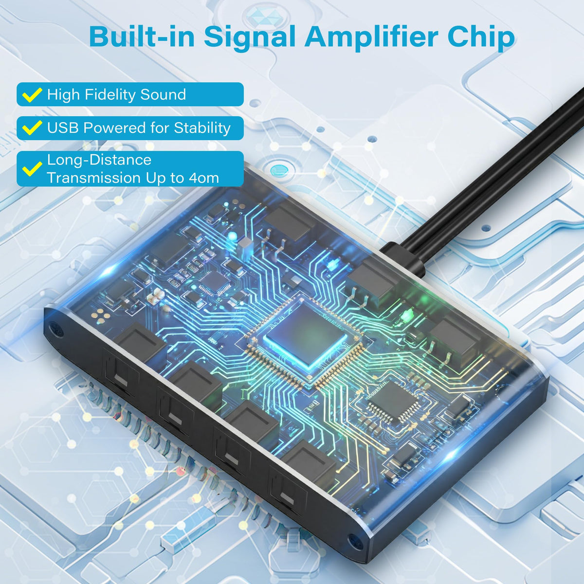 Adoreen PMMA optical fiber channel delivers clear audio to multiple outputs.