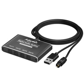 Adoreen Toslink 4-way splitter front view for clean home theater audio distribution.