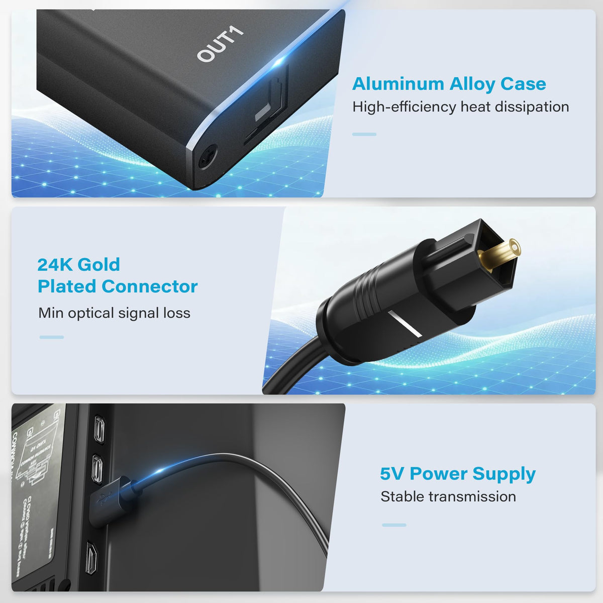 Adoreen USB-powered cable enables plug-and-play setup without extra adapters.
