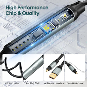 Adoreen unidirectional USB to SPDIF cable on desk demonstrates plug-and-play ease.