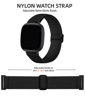 Adorve elastic nylon band Versa 3 on wrist demonstrates secure, snug fit during workouts.