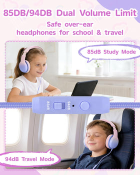 Aechorhy kids headphones showing 85dB and 94dB safety modes for varied listening