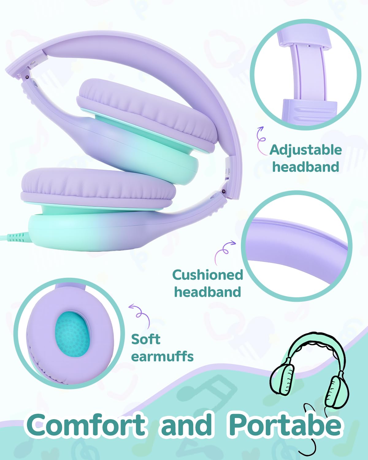 Aechorhy purple-green foldable headphones designed for travel and portability