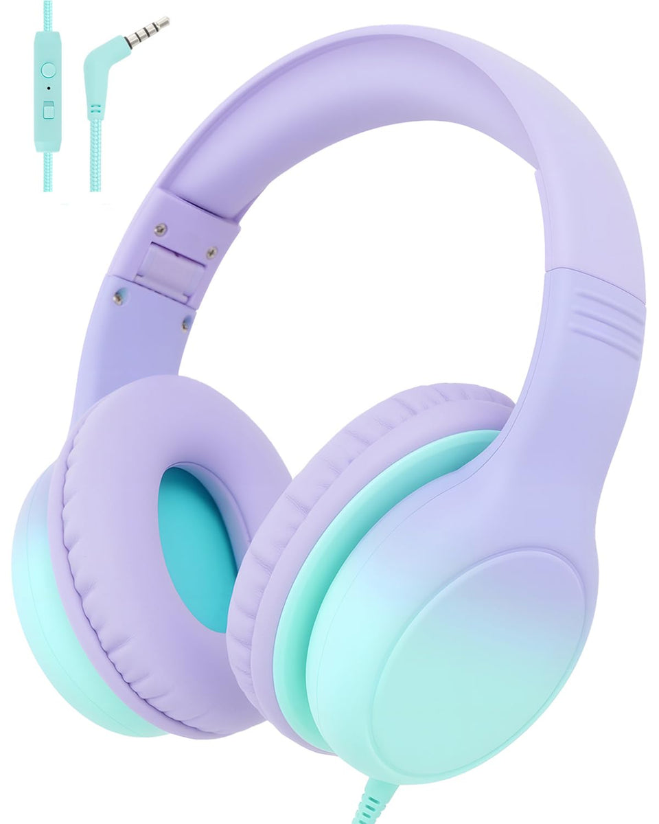 Aechorhy over-ear kids headphones in purple-green foldable design for easy storage