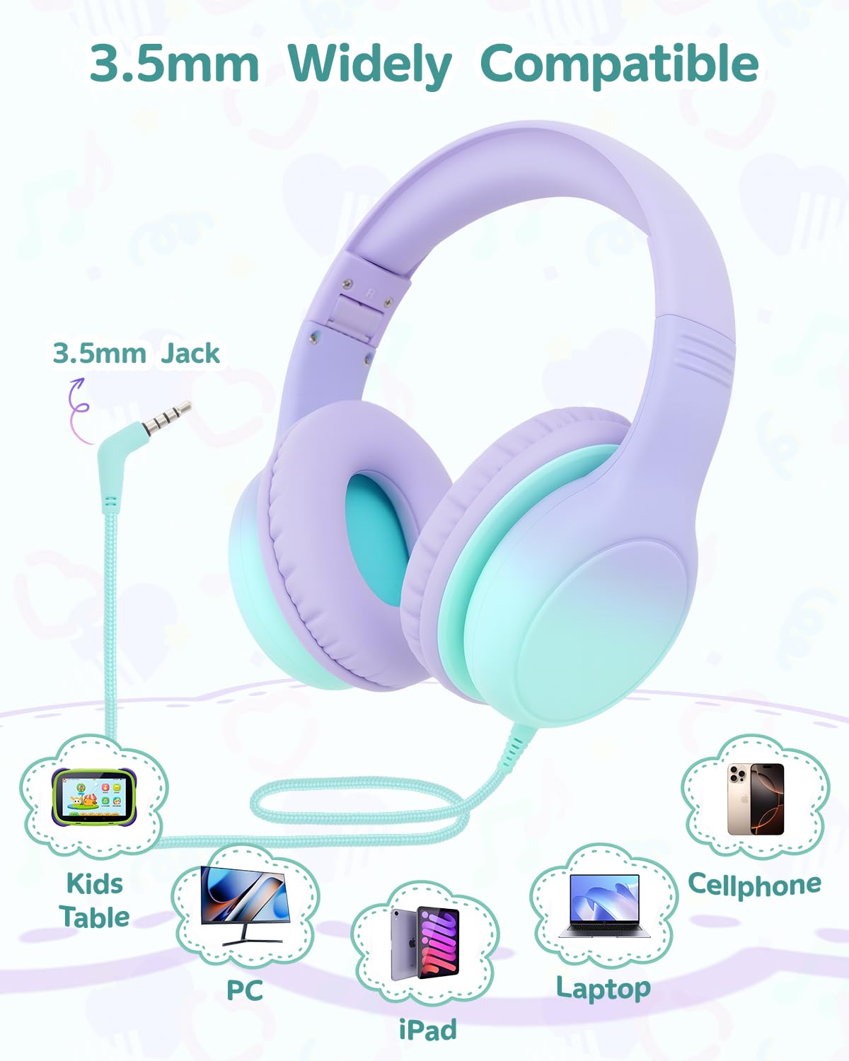Aechorhy purple-green headphones offering safe volume modes 85dB and 94dB