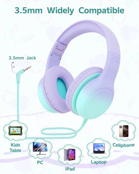 Aechorhy purple-green headphones offering safe volume modes 85dB and 94dB