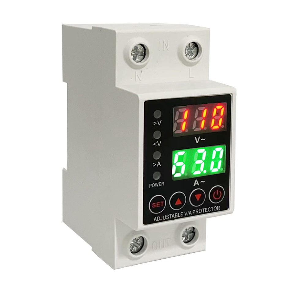 Aeliussine 63A voltage protector LCD display shows real-time readings.