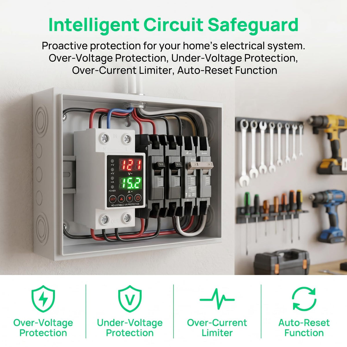 Wide 110-220V voltage range protects household devices.