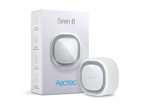 Aeotec Siren 6 front view shows loud alarm and bright light