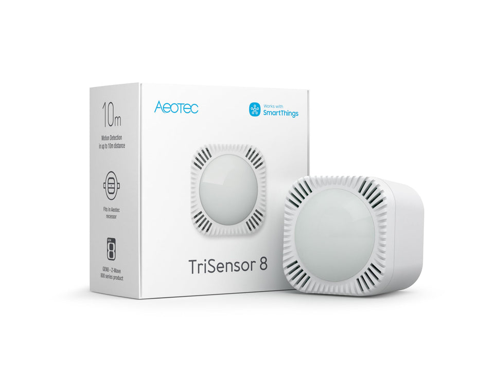 AEOTEC TriSensor 8 front view showing compact design and LEDs for easy setup