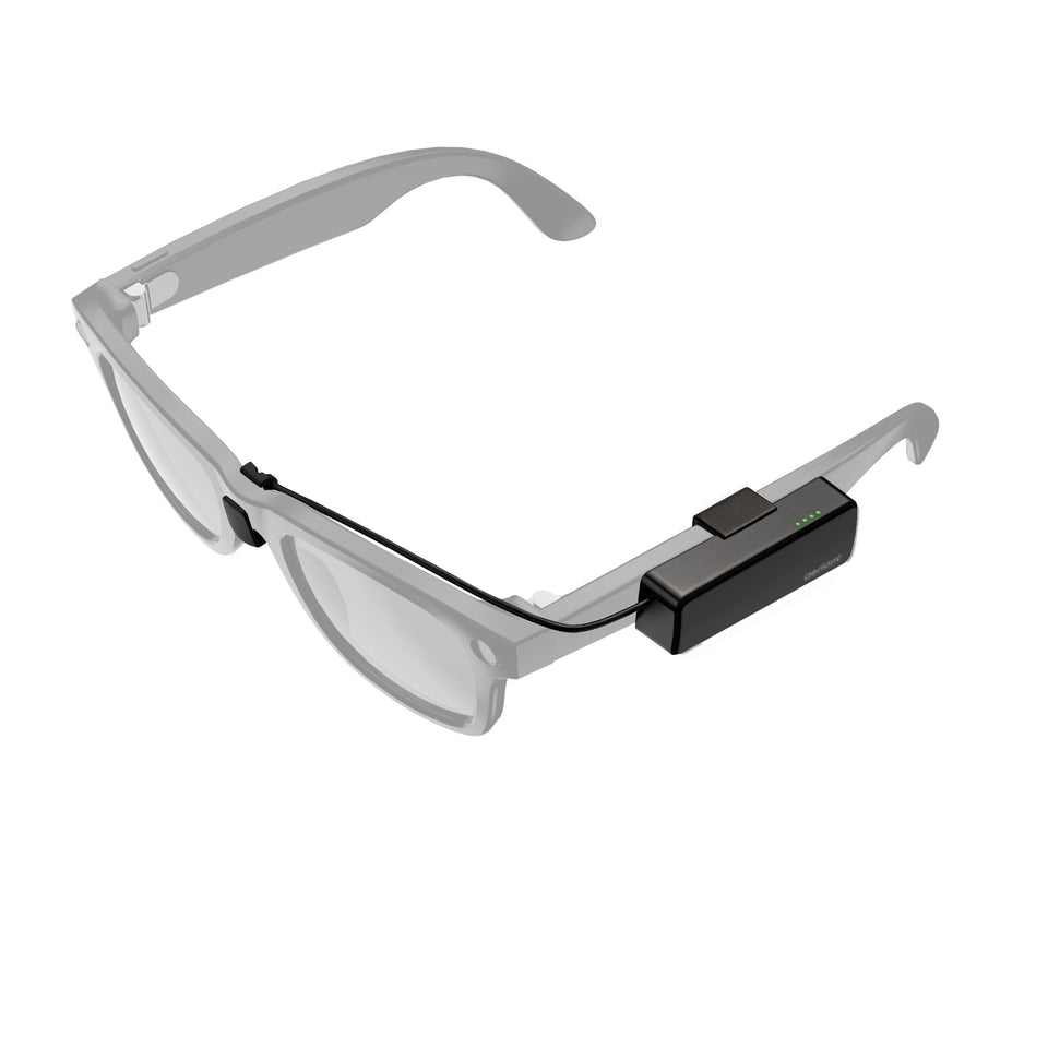 AERIANT on-the-go battery pack attached to Ray-Ban Meta glasses enabling hands-free charging