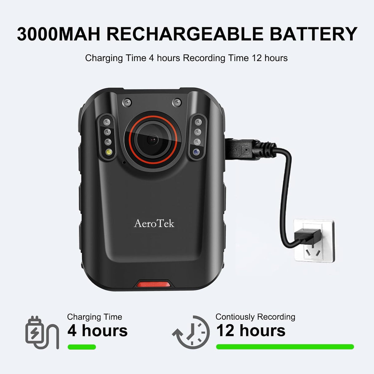 AeroTek 64GB storage supports extended recording sessions.