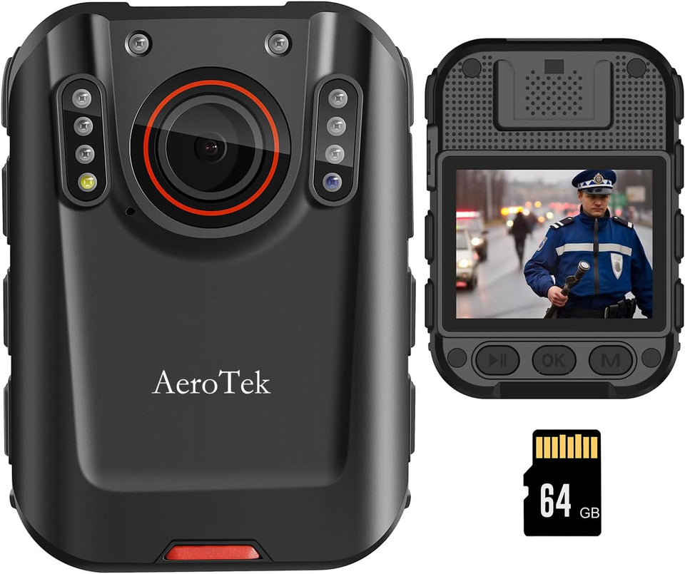 AeroTek 2K body camera front view with wide 170-degree lens for wide coverage.
