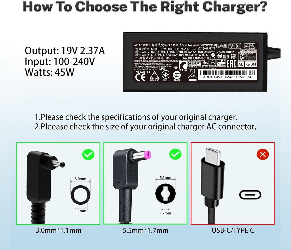 Aetdin charger compatible with multiple Acer models