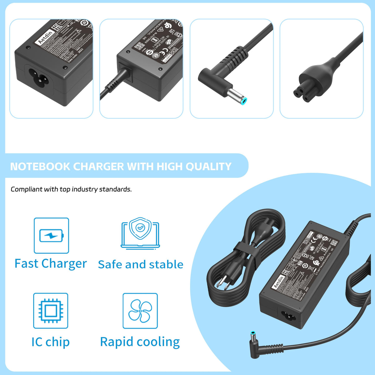 Aetdin plugged into HP laptop showing reliable charging benefit