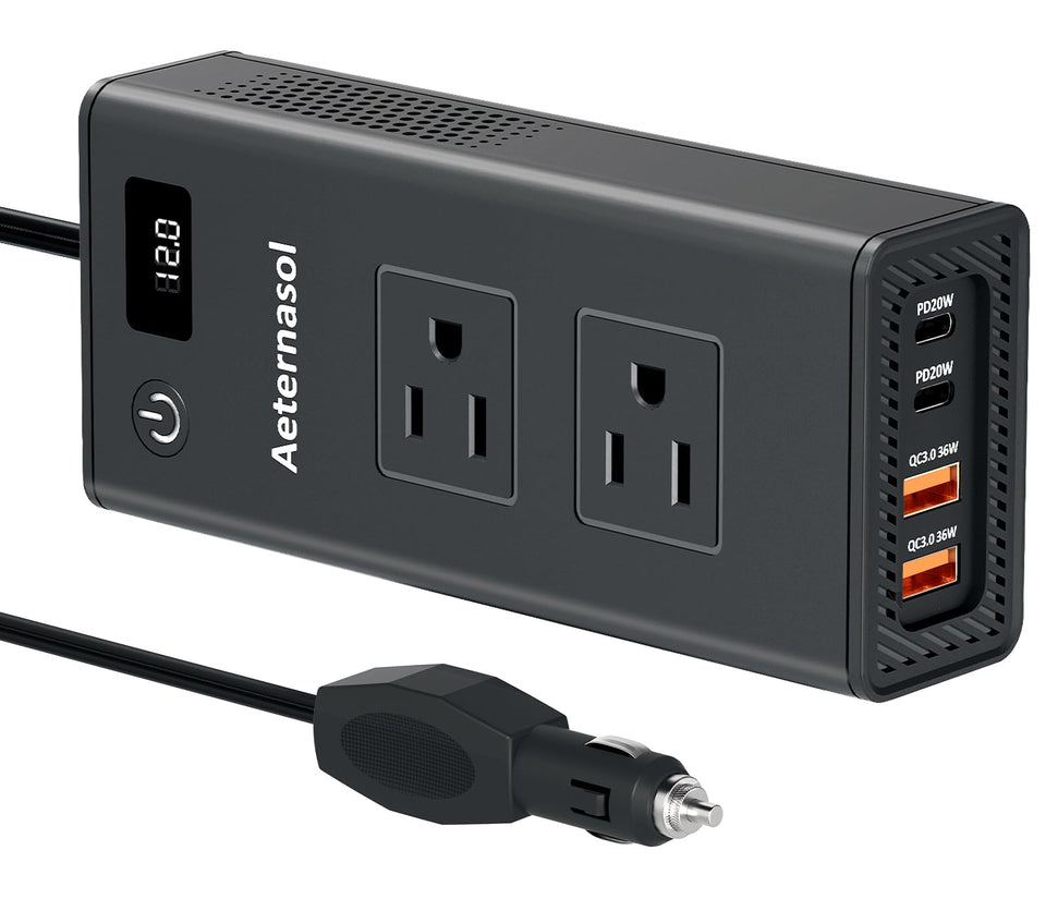 AeternaSol inverter with two AC outlets for road trips and power flexibility.