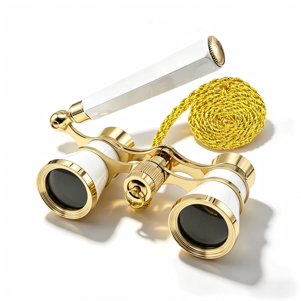 Aethrix front view of white opera glasses showing elegant design and portability