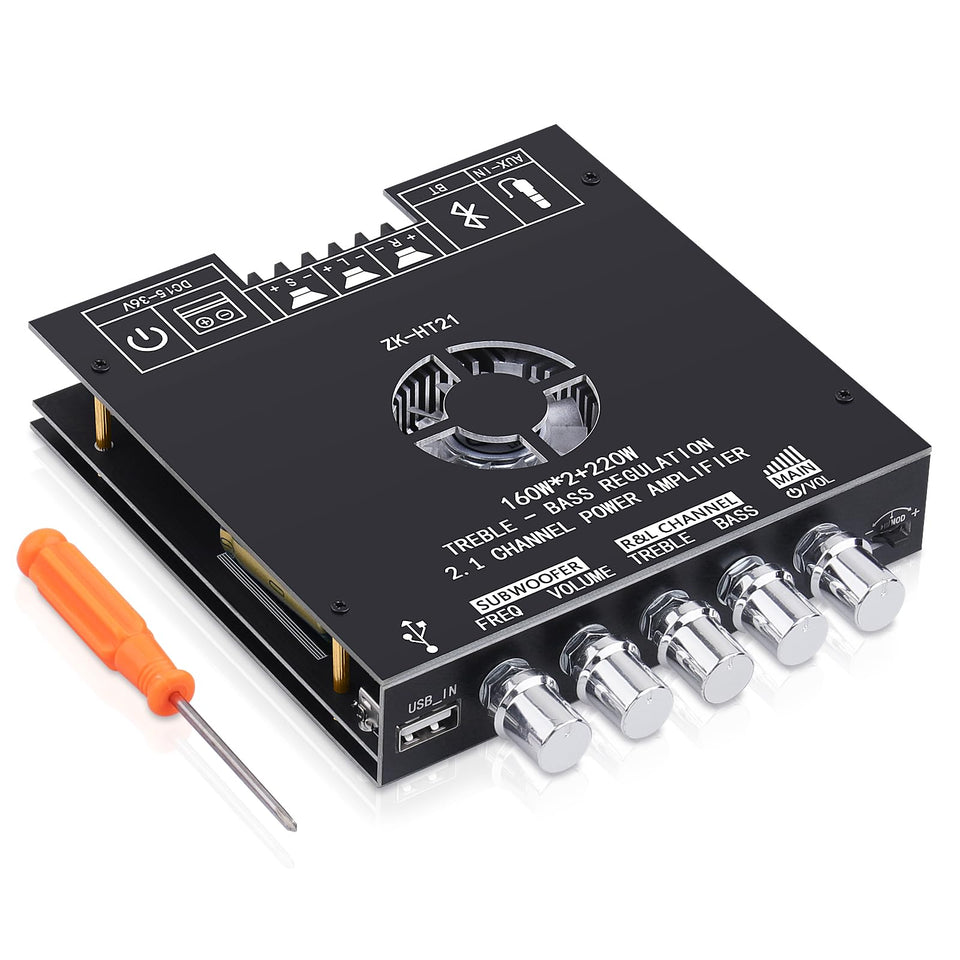 AEXCVG ZK-HT21 front panel showing dual amp layout for clean stereo output