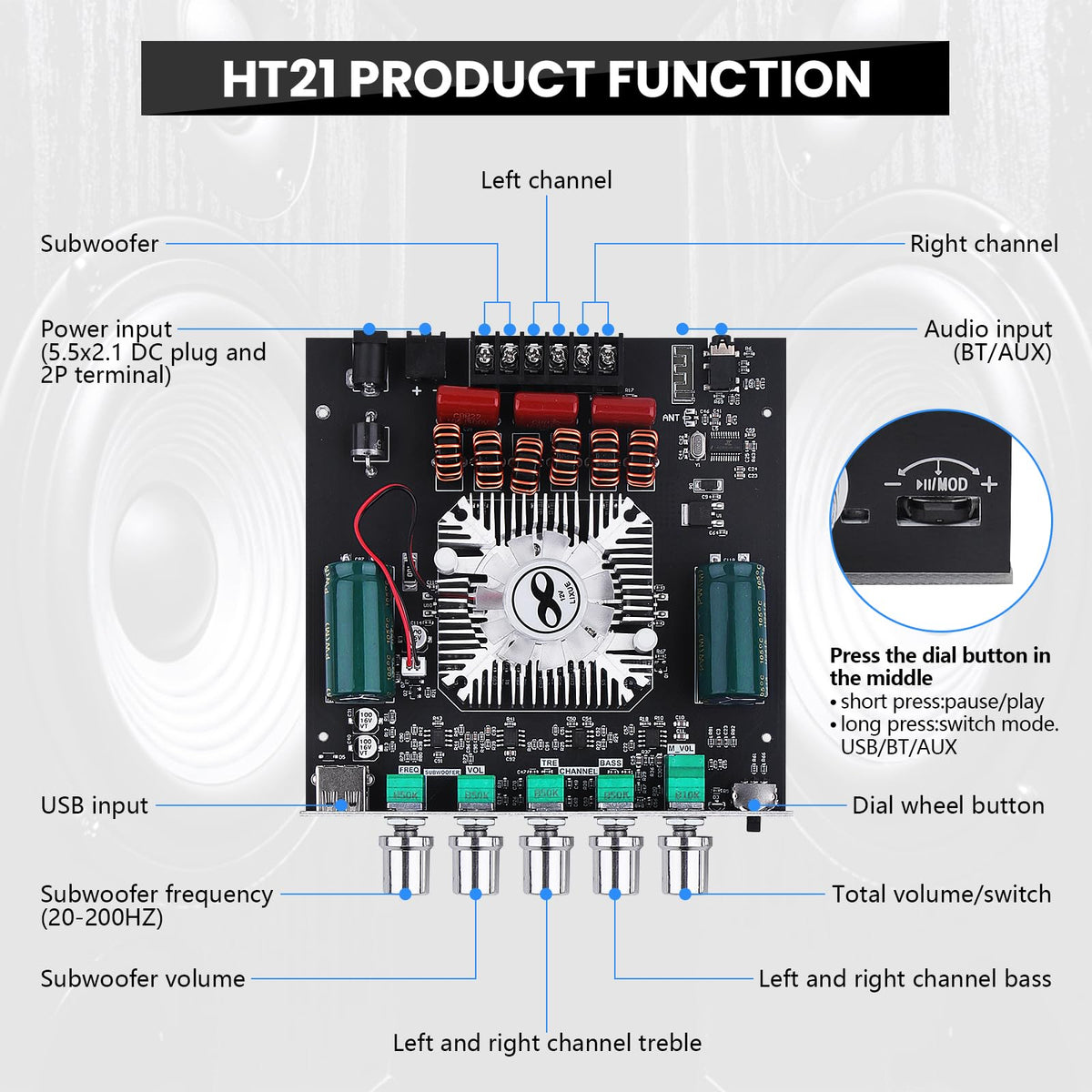 AEXCVG ZK-HT21 board featuring TDA7498E chips for robust power