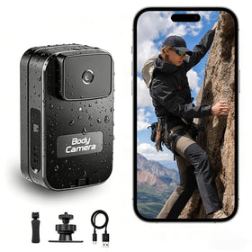 AEZ front view of body camera showing compact form and lens, ideal for discreet recording