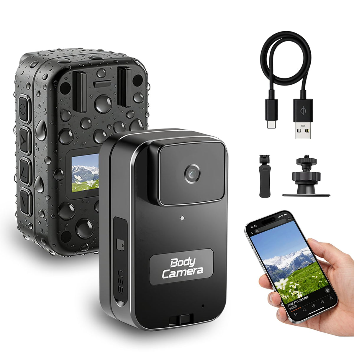 AEZ body camera shedding water droplets demonstrating waterproof protection outdoors