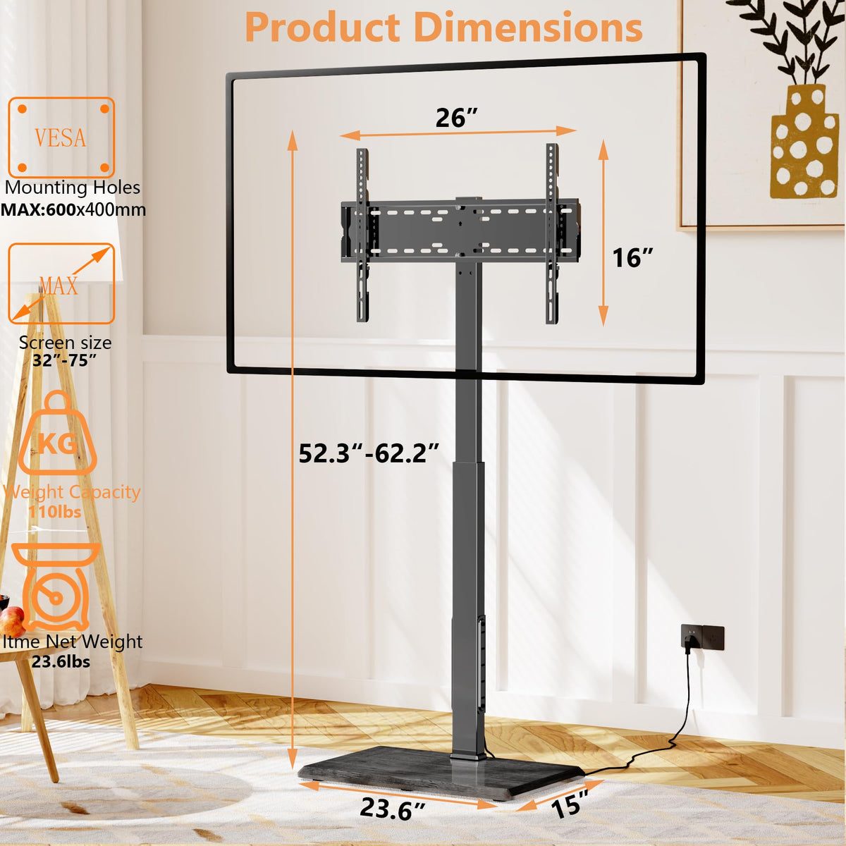 Afaloona floor stand showing cable management and USB ports for devices