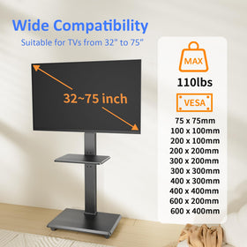 Afaloona TV cart showing 18 height settings for customized viewing.