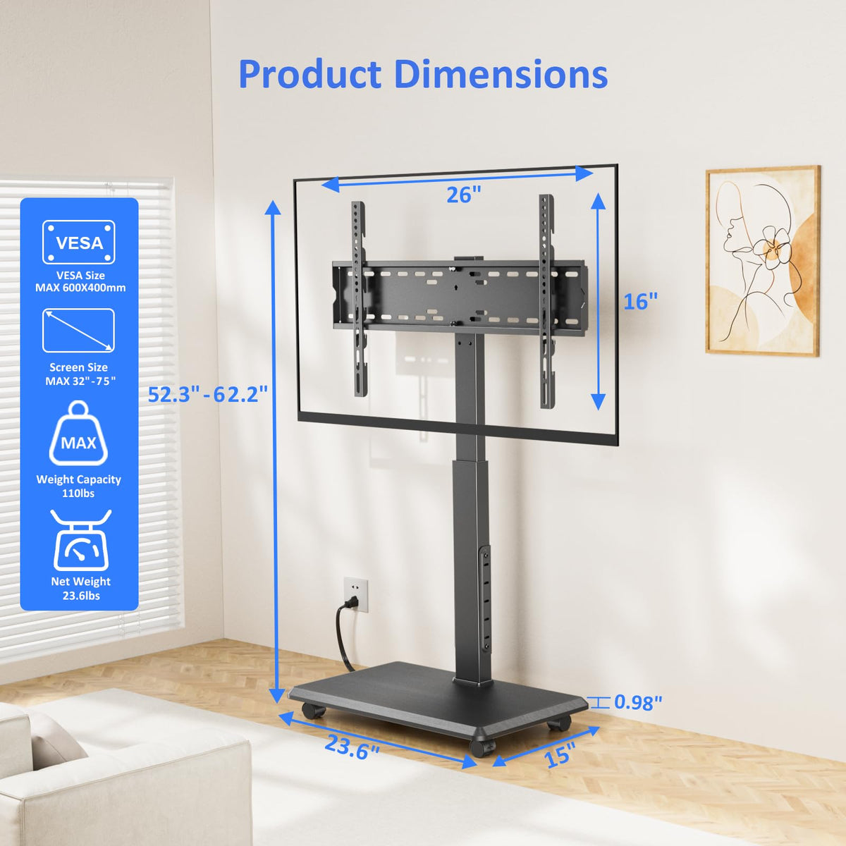 Afaloona scale comparison with TV showing fit for 32–75 inch screens