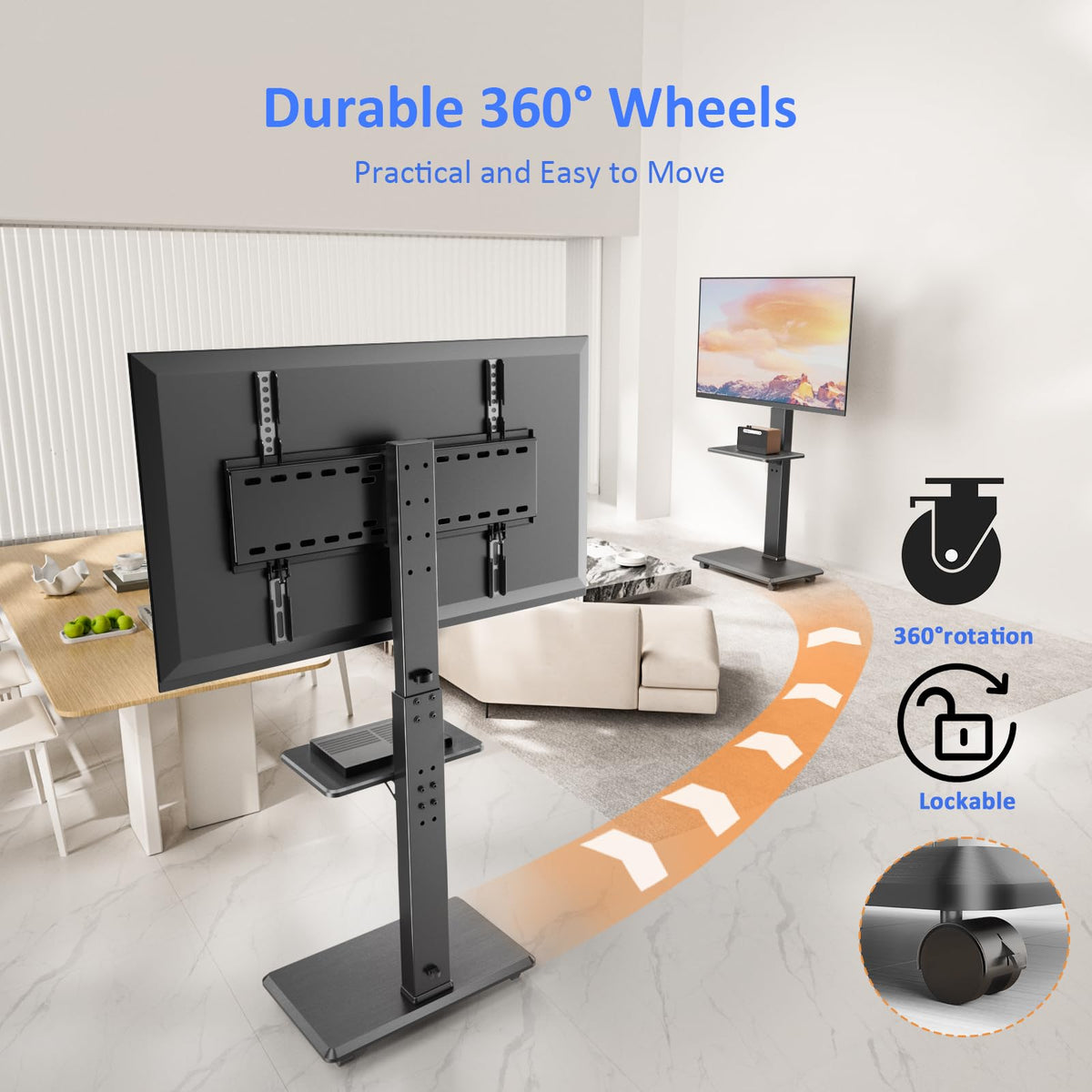 Afaloona TV cart featuring ±30° swivel for flexible viewing angles.