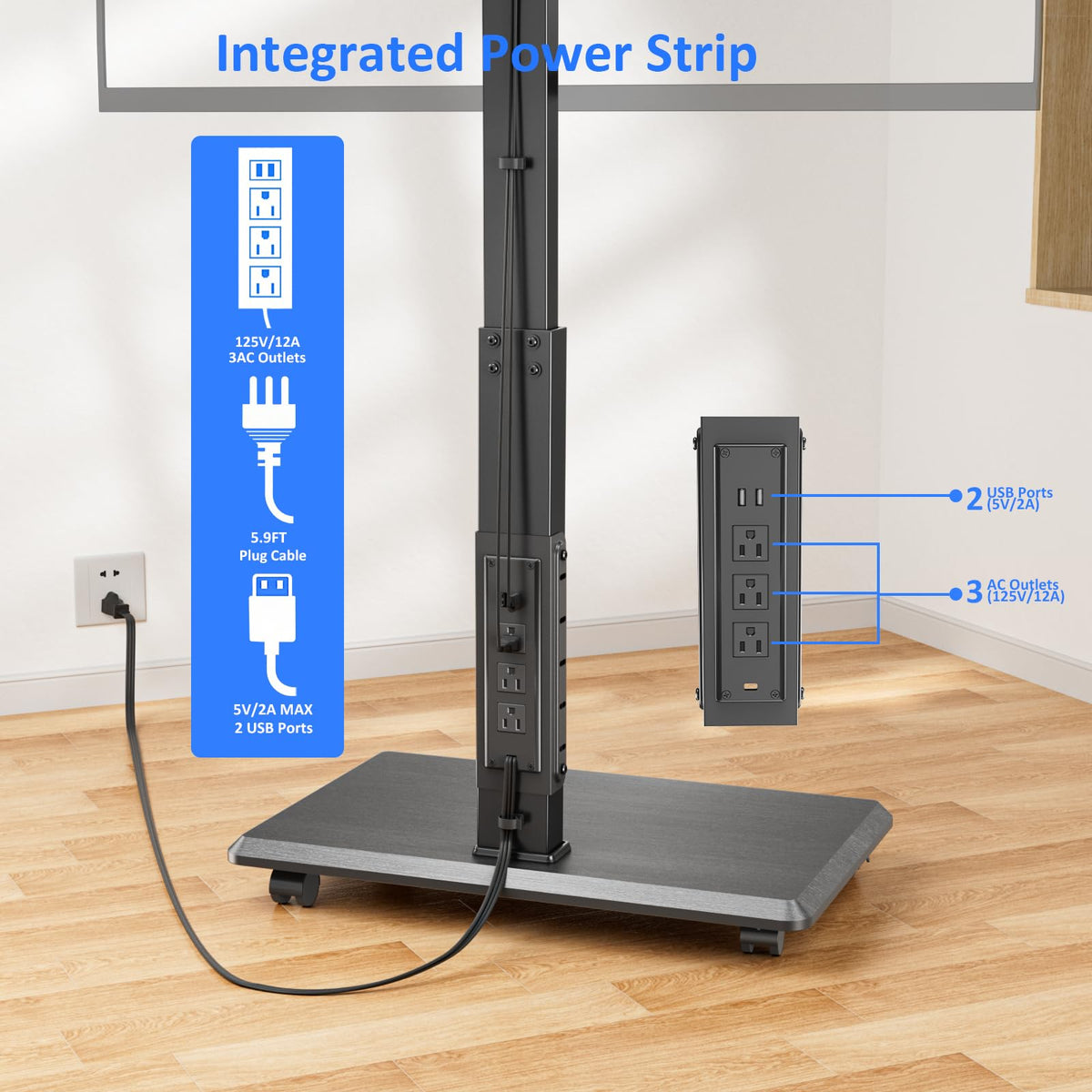 Afaloona in a bedroom setting providing portable TV placement and neat wiring
