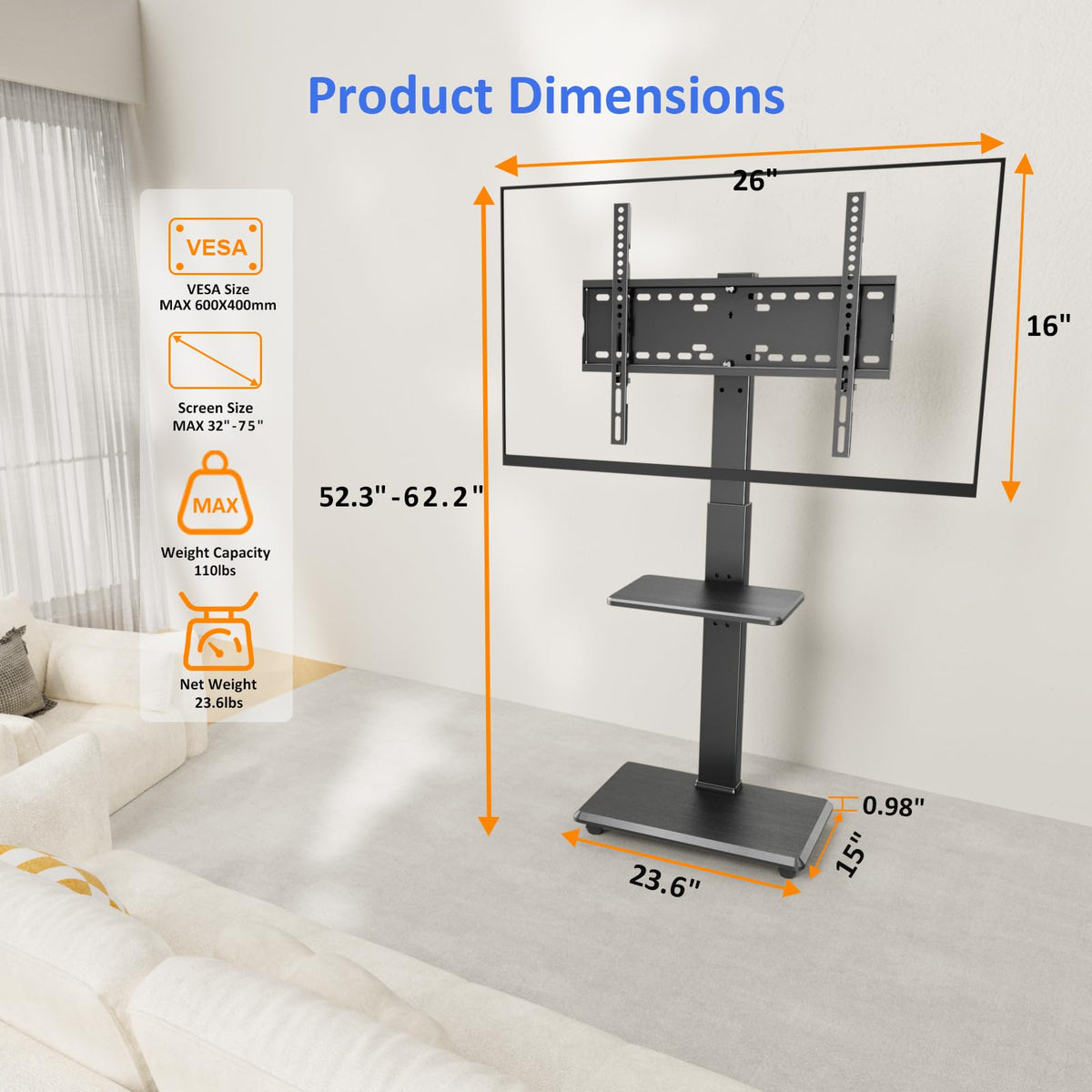 Afaloona compatibility with 32–75 inch TVs up to 110 lbs.