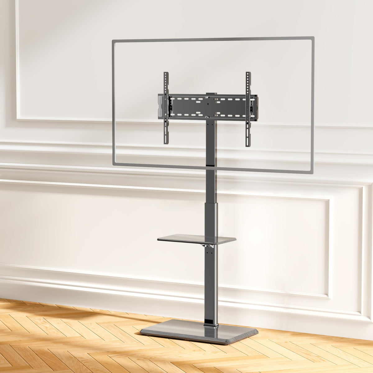 Afaloona universal floor TV stand front view with TV mounted at adjustable height