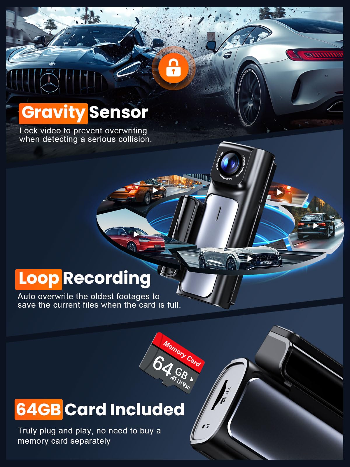 Affver loop recording and G-sensor protect important clips automatically