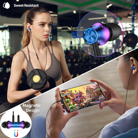 AFGHOA magnetic earbuds snapped together around neck for tangle-free wear