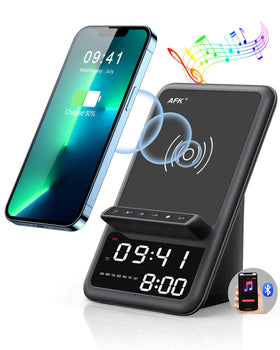 AFK charging station front view showing sleek black design and benefits of space-saving