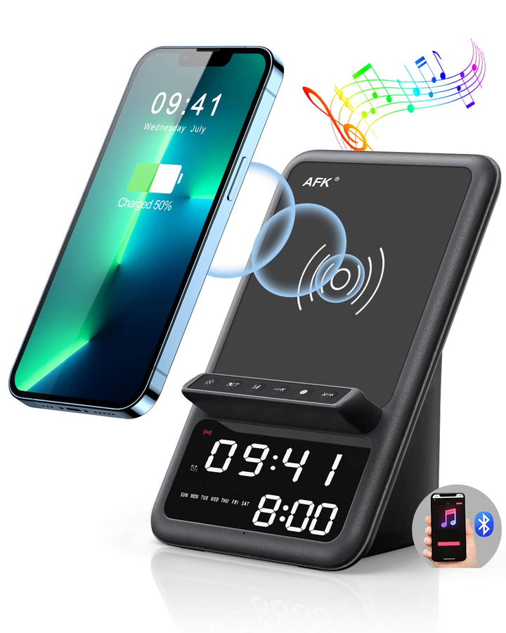 AFK charging station front view showing sleek black design and benefits of space-saving