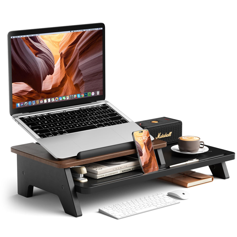 AFOOYO adjustable laptop stand 2-tier elevates screen height for ergonomic comfort.