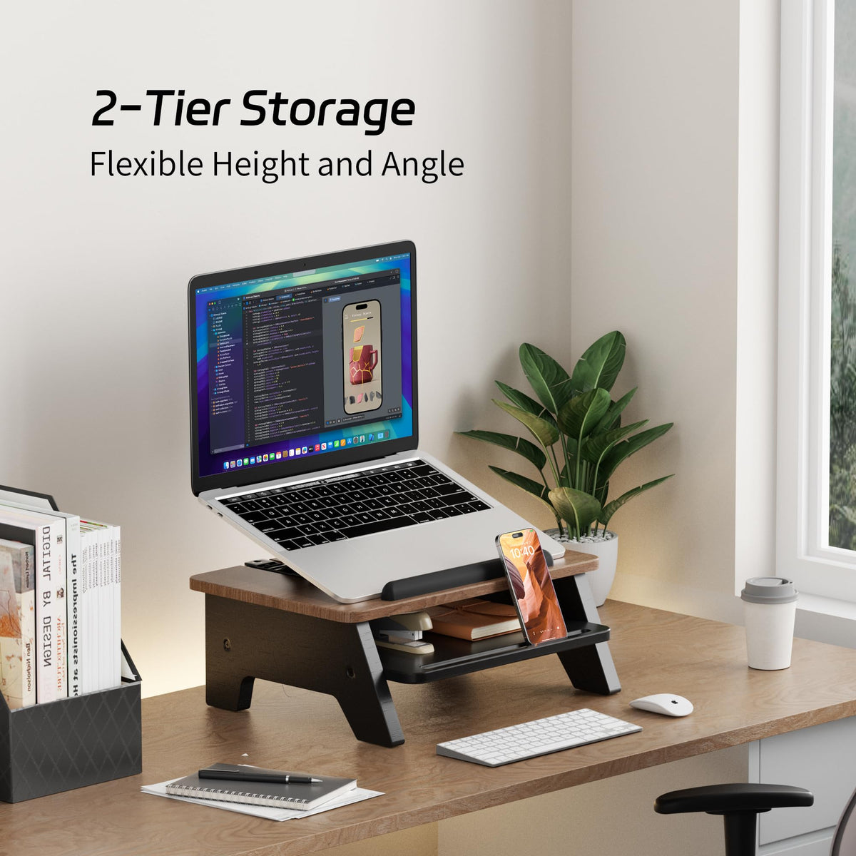 AFOOYO 2-tier laptop stand highlights dual-tier storage for desk organization.