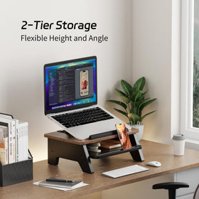 AFOOYO 2-tier laptop stand highlights dual-tier storage for desk organization.
